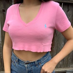 Pink Ralph Lauren cropped v neck t shirt